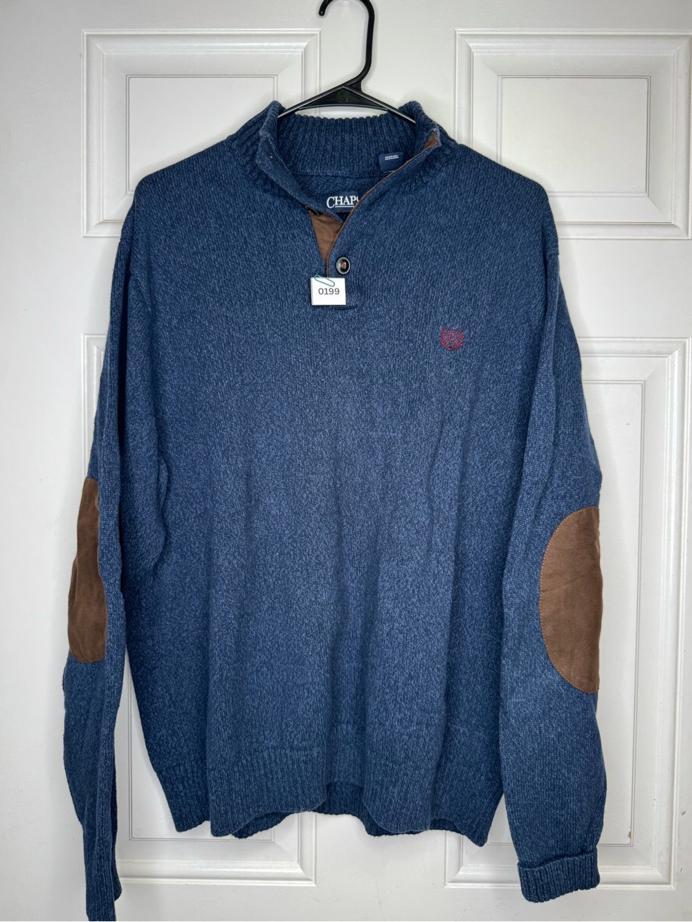 Chaps Men's Navy V-Neck Sweater with Brown Suede Elbow Patches